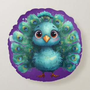 Cute Fantasy whimsical Blue Peacock Round Cushion