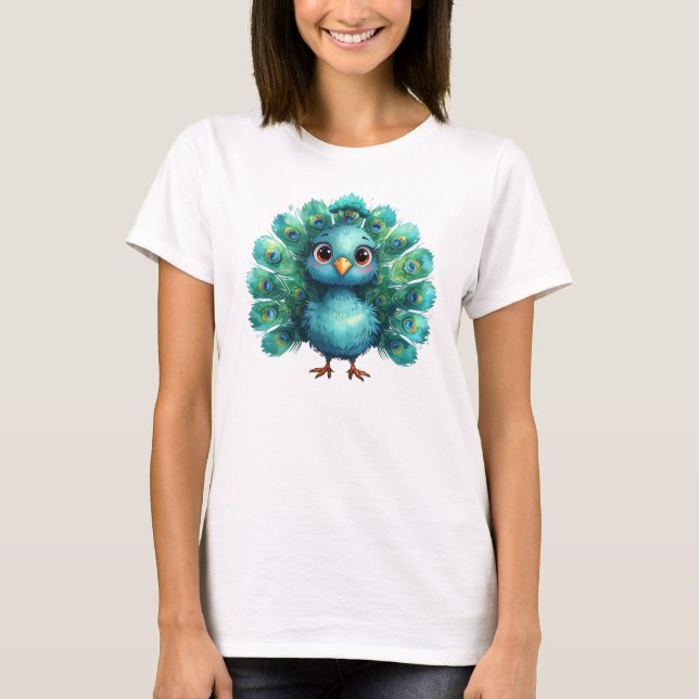 Cute Fantasy whimsical Blue Peacock T-Shirt (Front)