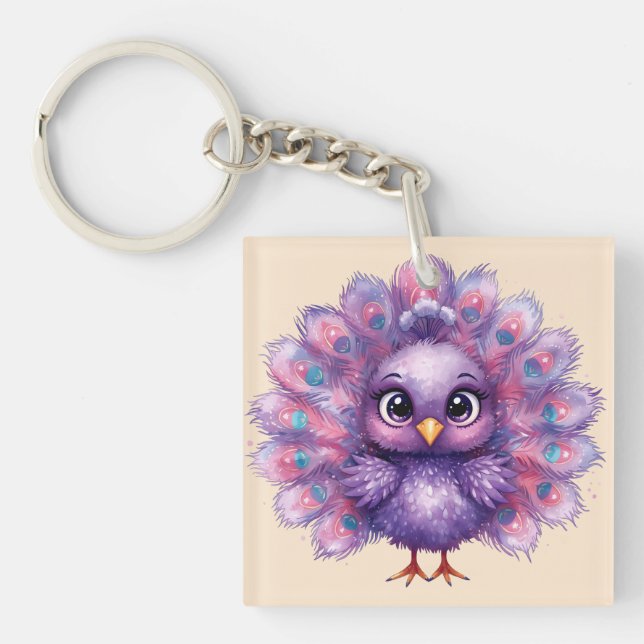 Cute Fantasy whimsical Lilac Peacock  Key Ring (Front)
