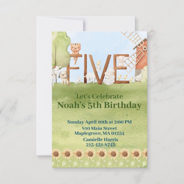 Cute farm animal barnyard 5th birthday invitation (Front)