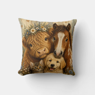 Cute Farm Animal Floral Throw Pillow