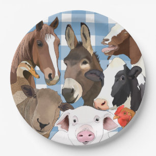 Cute Farm Animal Portrait Gingham Check - Blue Paper Plate