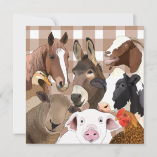 Cute Farm Animal Portrait Gingham Check - Brown