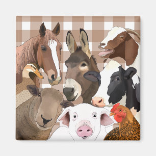 Cute Farm Animal Portrait Gingham Check - Brown Magnet