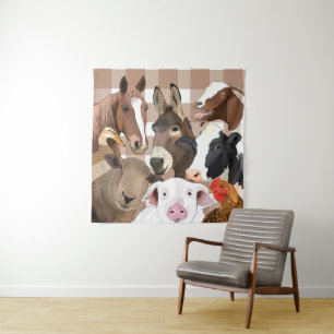 Cute Farm Animal Portrait Gingham Check - Brown Tapestry