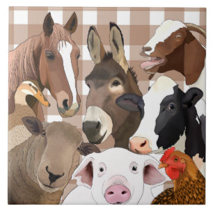 Cute Farm Animal Portrait Gingham Check - Brown Tile