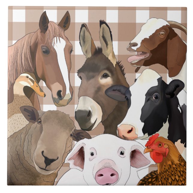 Cute Farm Animal Portrait Gingham Check - Brown Tile (Front)