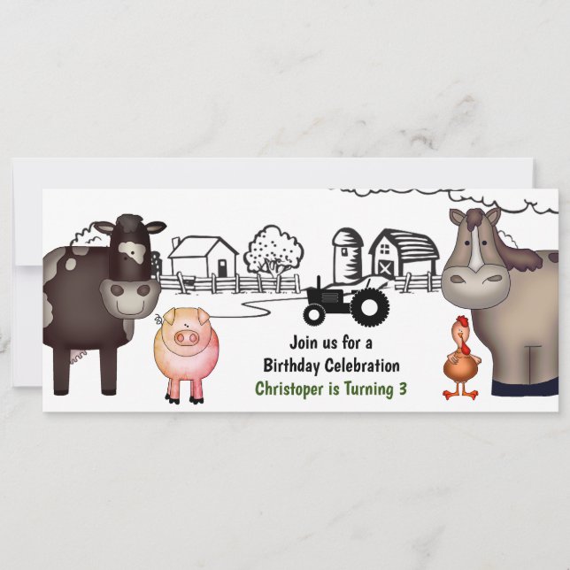 Cute Farm , Animals and Tractor Birthday Invitation (Front)