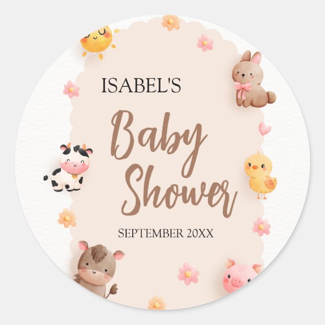 Cute Farm Animals Baby Shower Classic Round Sticker (Front)