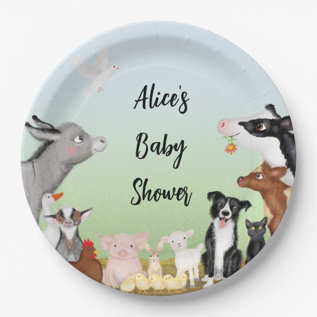 Cute farm animals baby shower round paper plate (Front)