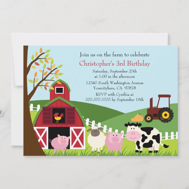 Cute farm animals barn birthday party invitation (Front)