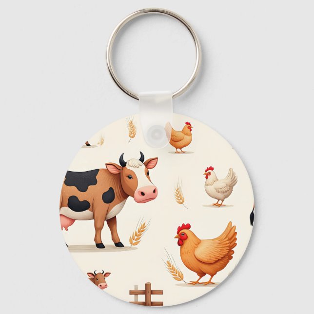 Cute Farm Animals Barn Pattern Key Ring (Front)