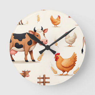 Cute Farm Animals Barn Pattern Round Clock