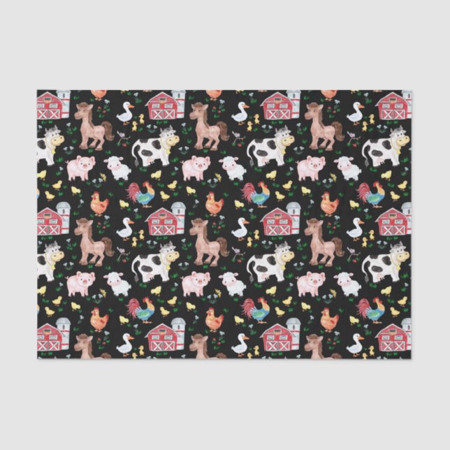 Cute Farm Animals Barnyard Black Tissue Paper (Front)