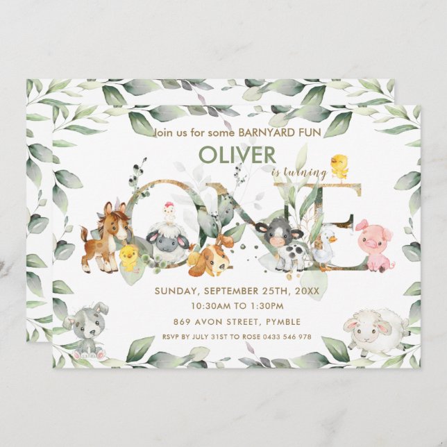 Cute Farm Animals Barnyard Greenery 1st Birthday Invitation (Front/Back)