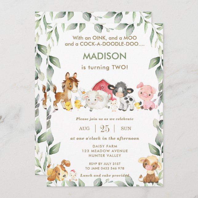 Cute Farm Animals Barnyard Greenery Birthday Invitation (Front/Back)