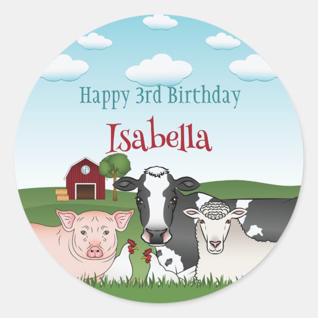 Cute Farm Animals Barnyard Kid's Happy Birthday Classic Round Sticker (Front)