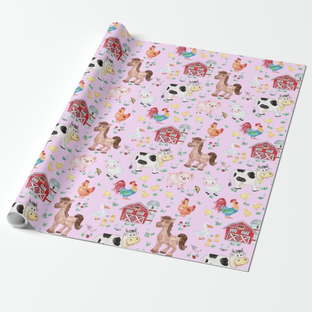 Cute Farm Animals Barnyard Pink Background Wrapping Paper (Unrolled)