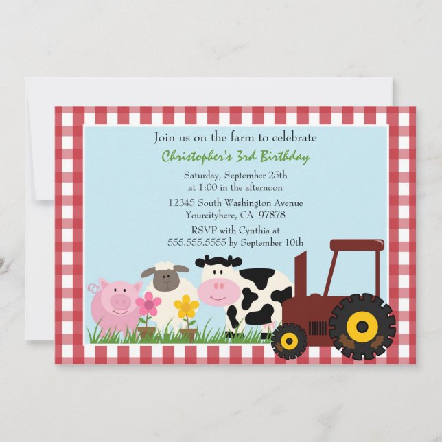 Cute farm animals birthday party invitation (Front)