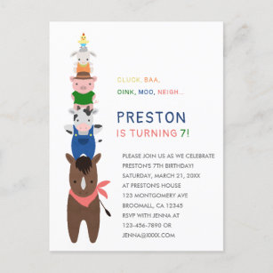 Cute Farm Animals Birthday Party Invitation Postcard