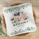 Cute Farm Animals Birthday Party Kids Napkin<br><div class="desc">Cute kids farmyard birthday party napkins featuring a simple white background,  elegant eucalyptus foliage,  adorable watercolor farm animals including a cow,  pig,  sheep,  dog,  chicken,  rabbit,  duck & a rooster,  and a text template that is easy to customise.</div>