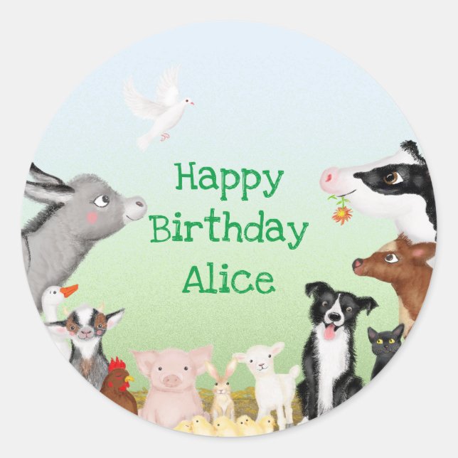 Cute farm animals birthday party round stickers (Front)