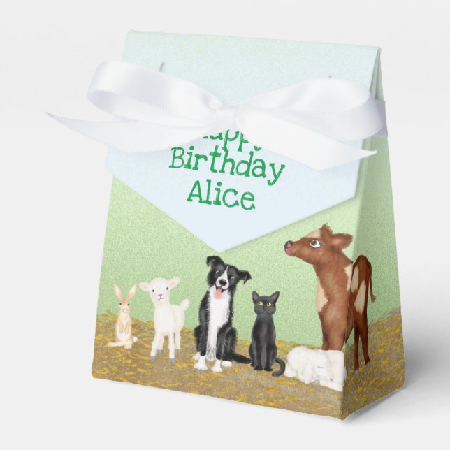 Cute farm animals birthday party tent favor box (Front Side)