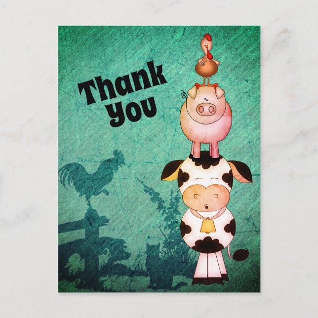 Cute Farm Animals Cow, Pigs and Roosters Thank You Postcard (Front)