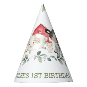 Cute Farm Animals Greenery 1st Birthday Boy Girl  Party Hat