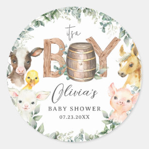 Cute Farm Animals Greenery Boy Barn Baby Shower  Classic Round Sticker