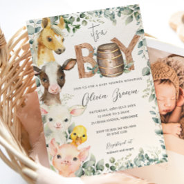 Cute Farm Animals Greenery Boy Barn Baby Shower Invitation