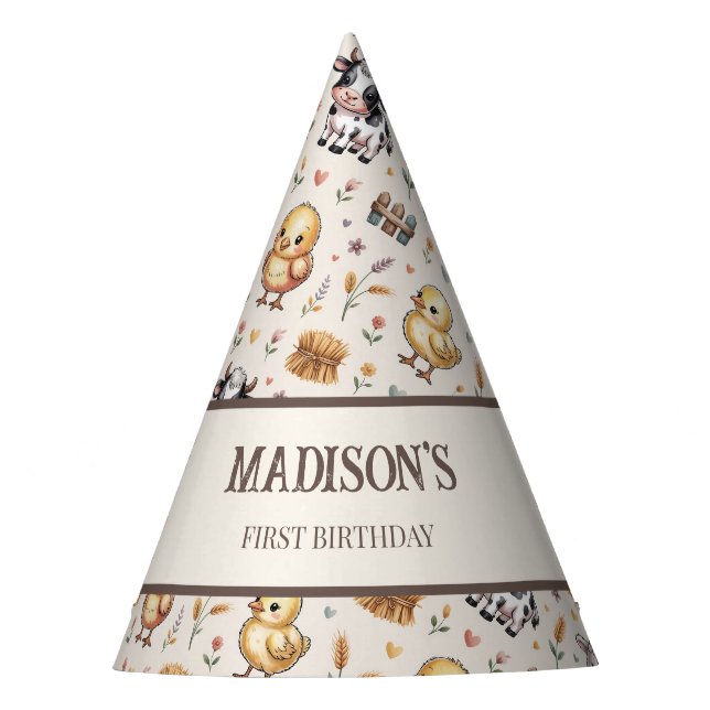 Cute Farm Animals Kids First Birthday Personalized Party Hat (Front)