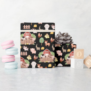 Cute Farm Animals on Black Wrapping Paper