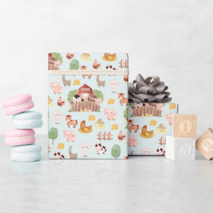 Cute Farm Animals on Marian Blue Wrapping Paper