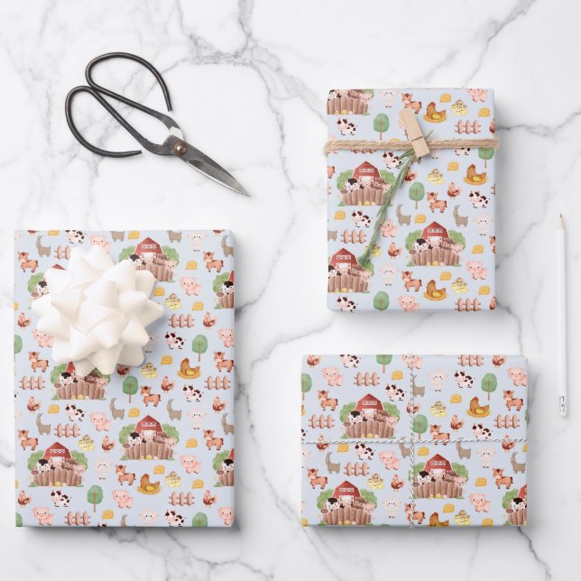 Cute Farm Animals on Pale Blue Wrapping Paper Sheet (Front)