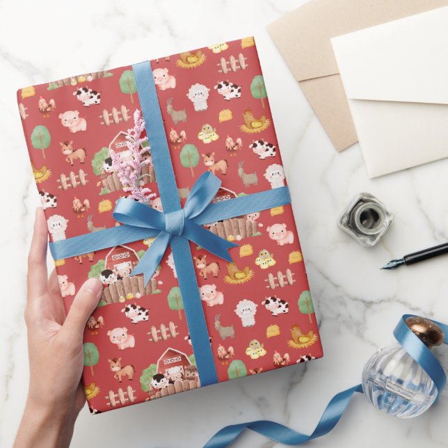 Cute Farm Animals on Prismatic Red Wrapping Paper (Gifting)