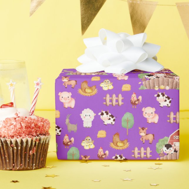 Cute Farm Animals on Purple Wrapping Paper (Birthday Party)