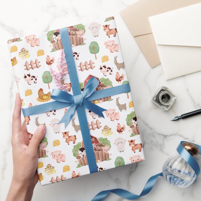 Cute Farm Animals on White Wrapping Paper (Gifting)