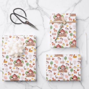 Cute Farm Animals on White Wrapping Paper Sheet