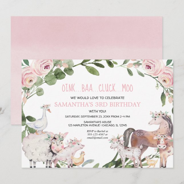 Cute farm animals pink floral girl birthday party invitation (Front/Back)