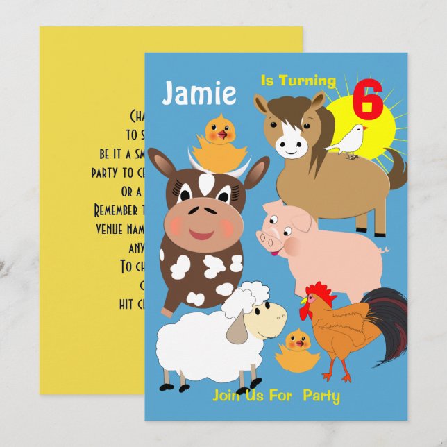 Cute Farm Animals Themed Kids Birthday Party Invitation (Front/Back)