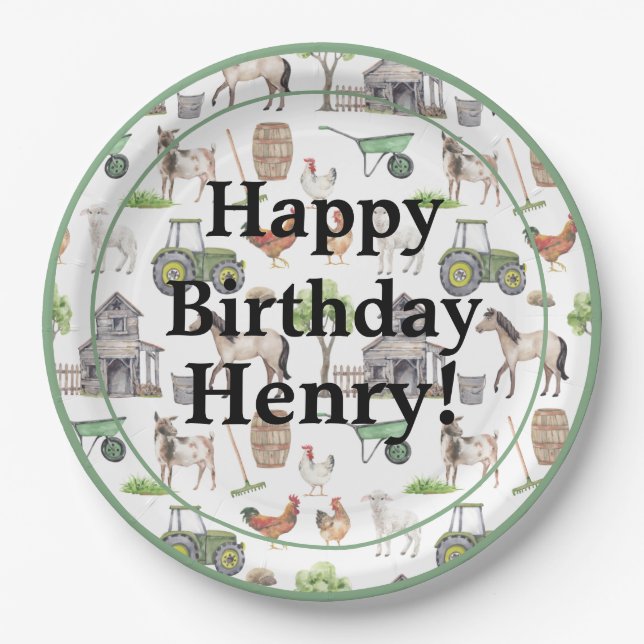 Cute Farm Animals Tractors Name Happy Birthday Boy Paper Plate (Front)