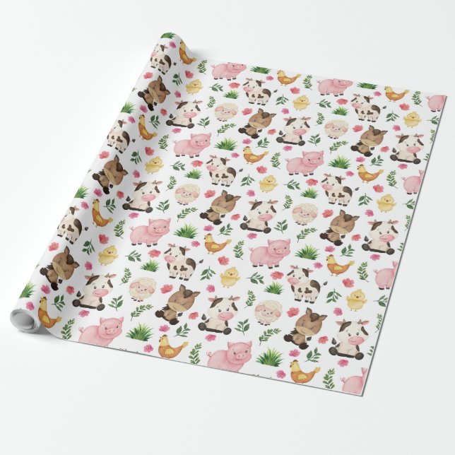 Cute Farm Animals Wrapping Paper (Unrolled)