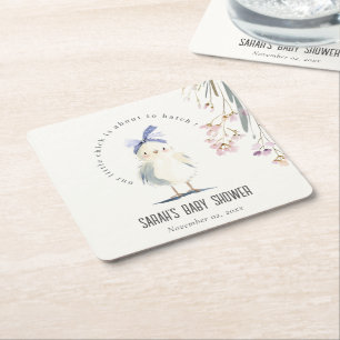 Cute Farm Chick Watercolor Floral Baby Shower Square Paper Coaster