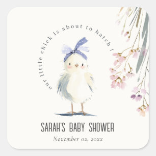 Cute Farm Chick Watercolor Floral Baby Shower Square Sticker