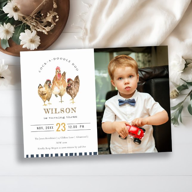 Cute Farm Chicken Watercolor Photo Birthday Invite (Creator Uploaded)