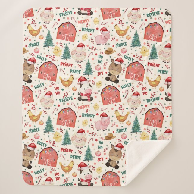Cute Farm Christmas Watercolor Sherpa Blanket (Front)