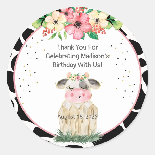 Cute Farm Cow Floral Girls Birthday Sticker (Front)