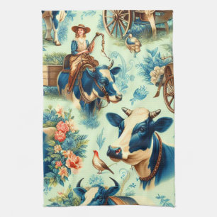 Cute Farm Cow Watercolor Painting Tea Towel