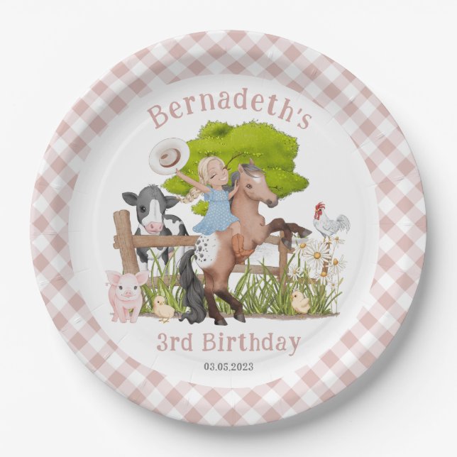 Cute Farm  Girl Birthday I Baby Shower Party Paper Plate (Front)